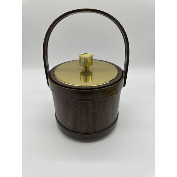 KROMEX Ice Bucket Wood Grain Wrap w/ Handle Gold Lid Vintage - Picture 1 of 9